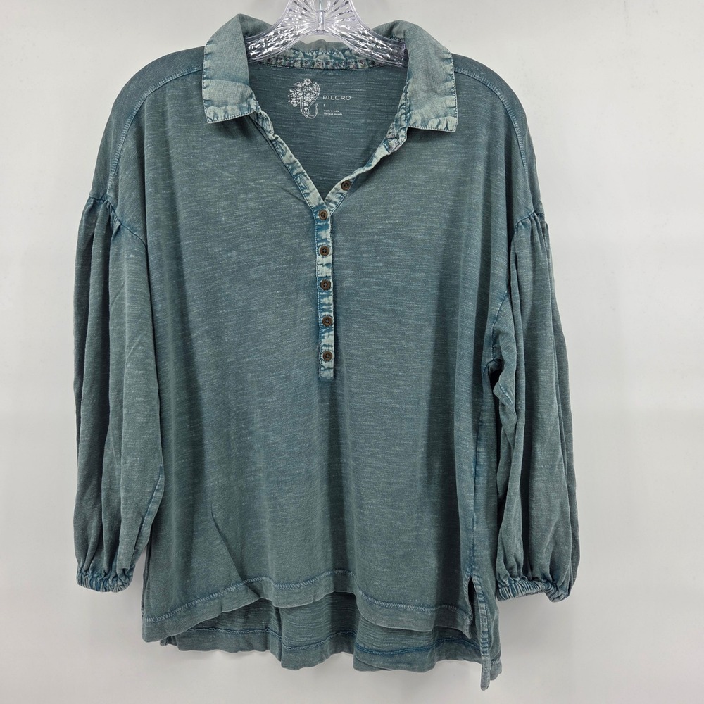 Anthropologie Pilcro Henley Top Small Gray Green Balloon Sleeve Boho Eclectic